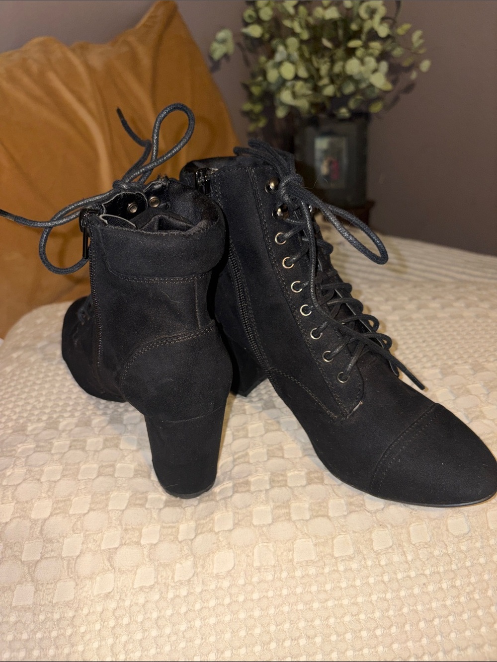 Black Lace-Up Heeled Ankle Boots - Women